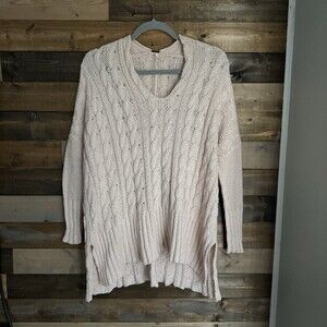 Free People Peach Cable Knit Cotton Sweater XS Chunky Fisherman High Low Boho